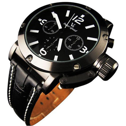 Nowy sportowy zegarek na nadgarstek kwarcowy w stylu sportowym z czarną tarczą, skórzany pasek